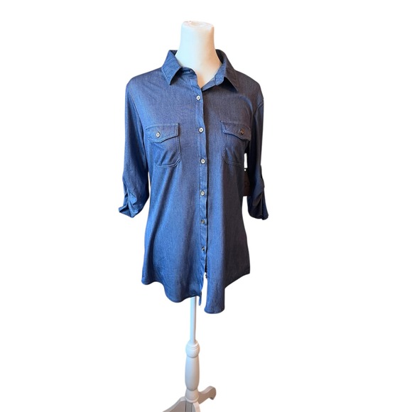 Chambray Shirt Dress Roll Tab‎ Sleeve Button Down Tunic Top Small - Picture 1 of 7